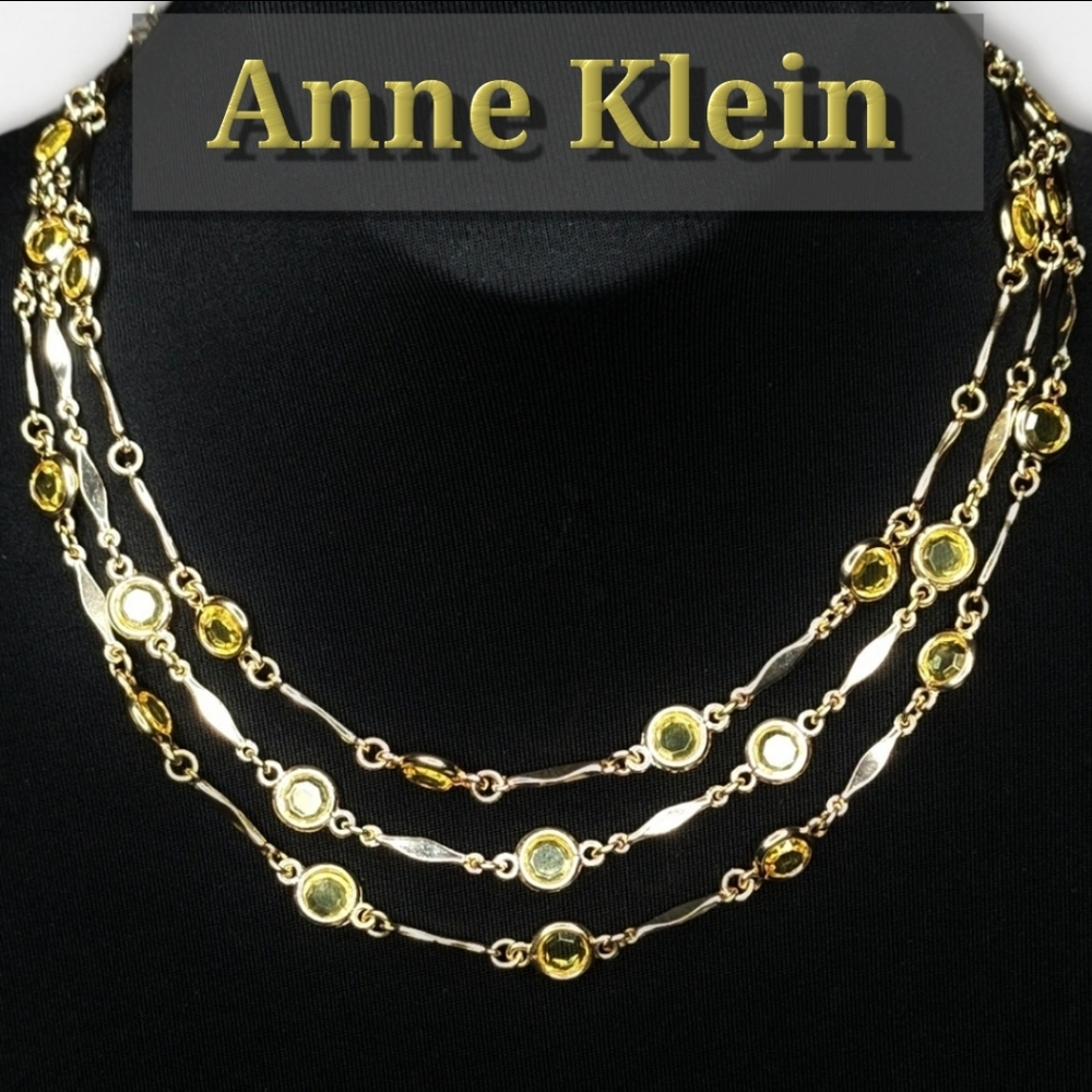 Vintage Anne Klein Triple Strand Bezel Yellow Crystal Necklace